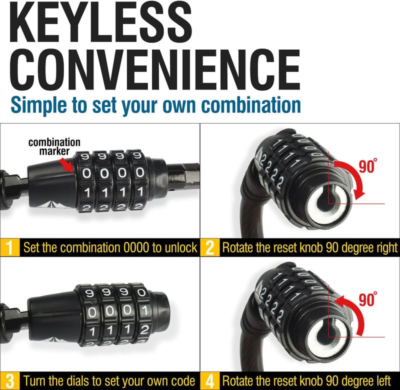 MARQUE Straight Combination Bike Lock Cable - 3/8 inch (5FT, 10FT, 15FT, 25FT) Resettable Combination Lock, Anti-Theft Security Cable for Bicycles, Kayaks, Paddle Boards, Gates&Outdoor Gear (15 FT) - Image 3